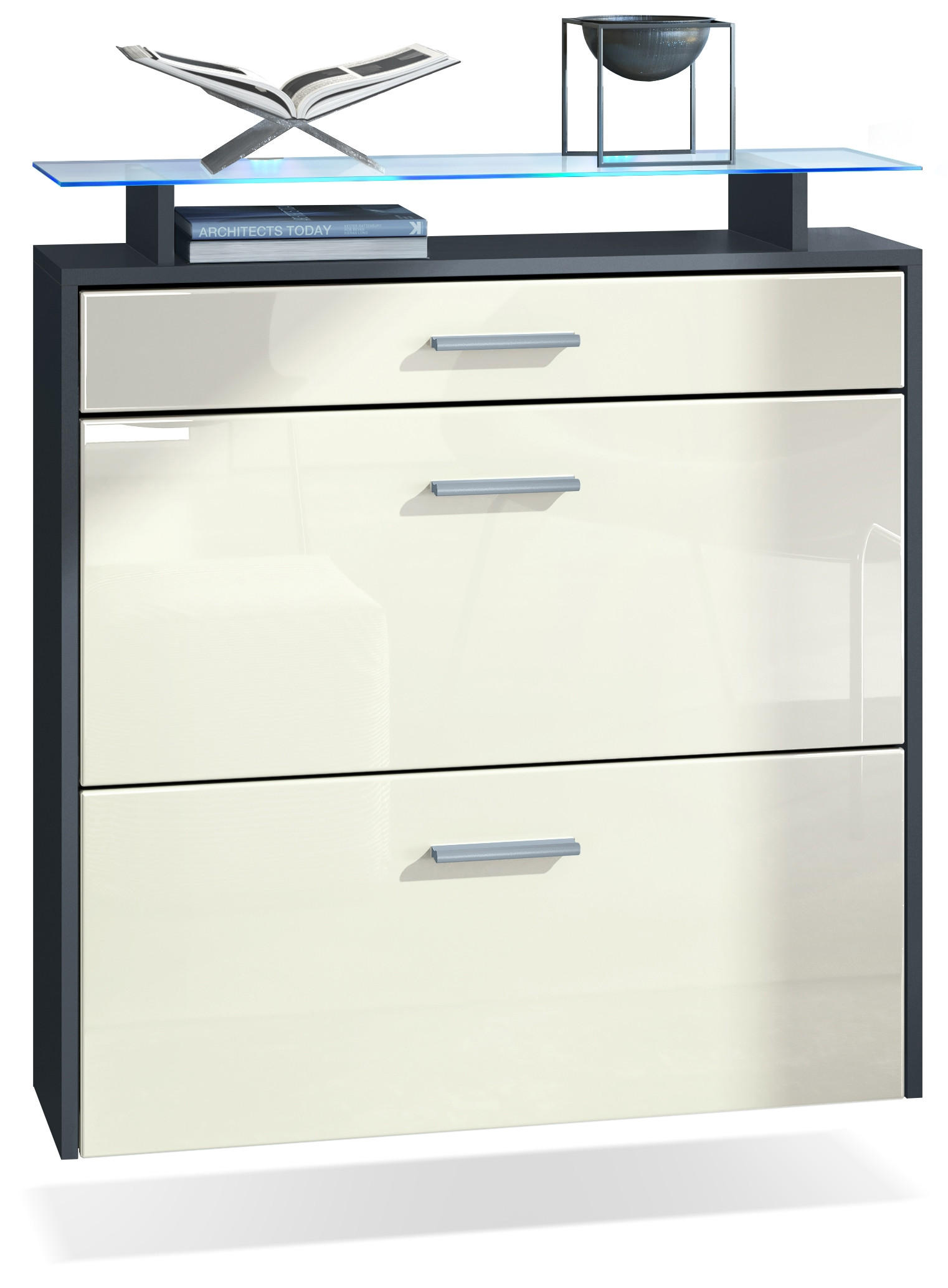 SCHUHSCHRANK Malea Fronten in Creme Hochglanz - Creme, Holzwerkstoff (89/96/23cm) - Vladon