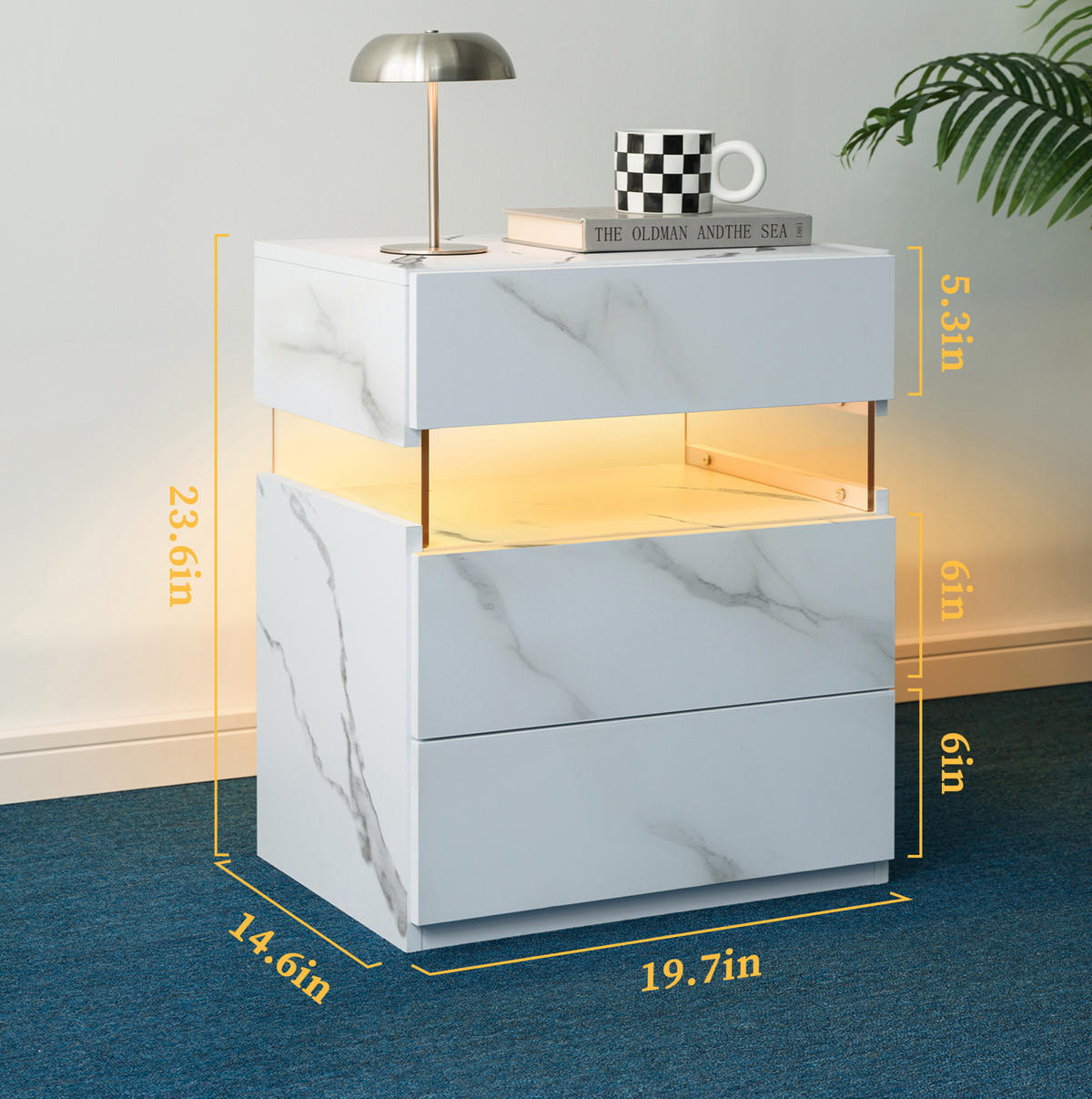 NACHTTISCH 38/48/61 cm mit 3 Schubladen, LED-Beleuchtung und Acrylblende, vielseitiger Stauraum, Mattweiß - Weiß, Holzwerkstoff (38/61/48cm) - Redom