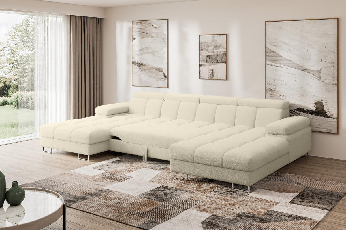 WOHNLANDSCHAFT mit Schlaffunktion und Bettkasten COMA U2 345x203x79 Beige Bouclé - Sandfarben, Holzwerkstoff/Textil (345/79/203cm) - ALTDECOR