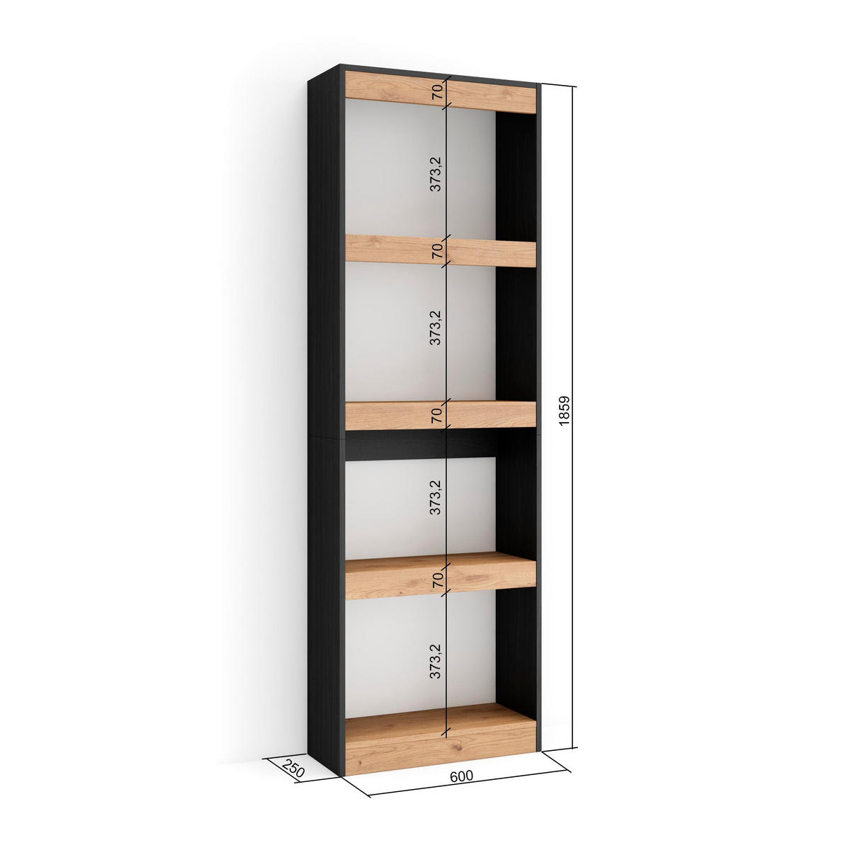 REGAL eiche, schwarz, 60/25/186cm - Eichefarben/Schwarz, Holzwerkstoff (60/186/25cm) - Skraut Home