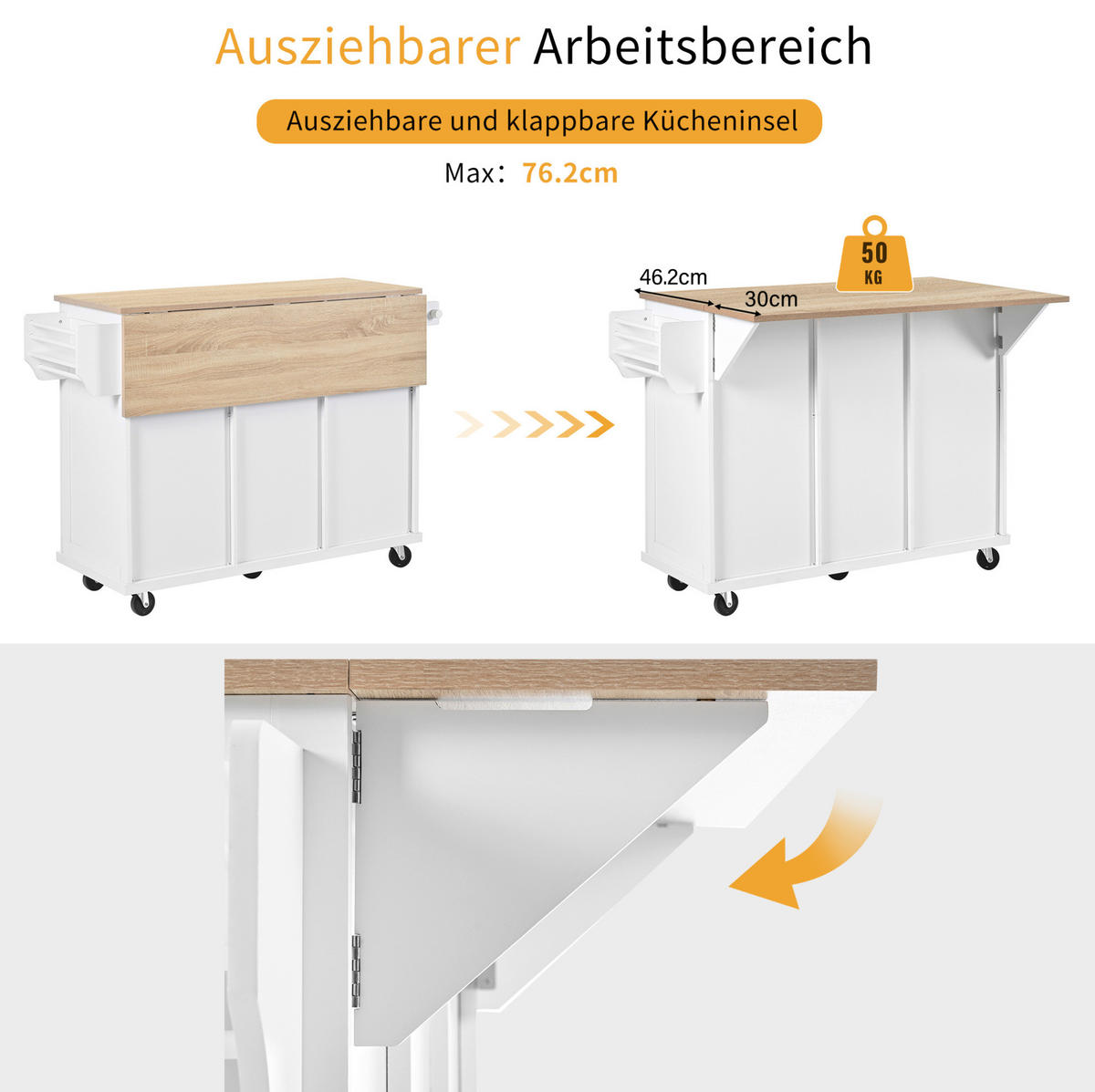 KÜCHENINSEL 112/46,2-76,2/92,7 cm weiß/natur mit Rollen - Weiß, Holzwerkstoff (112/92.7/76.2cm) - OKWISH