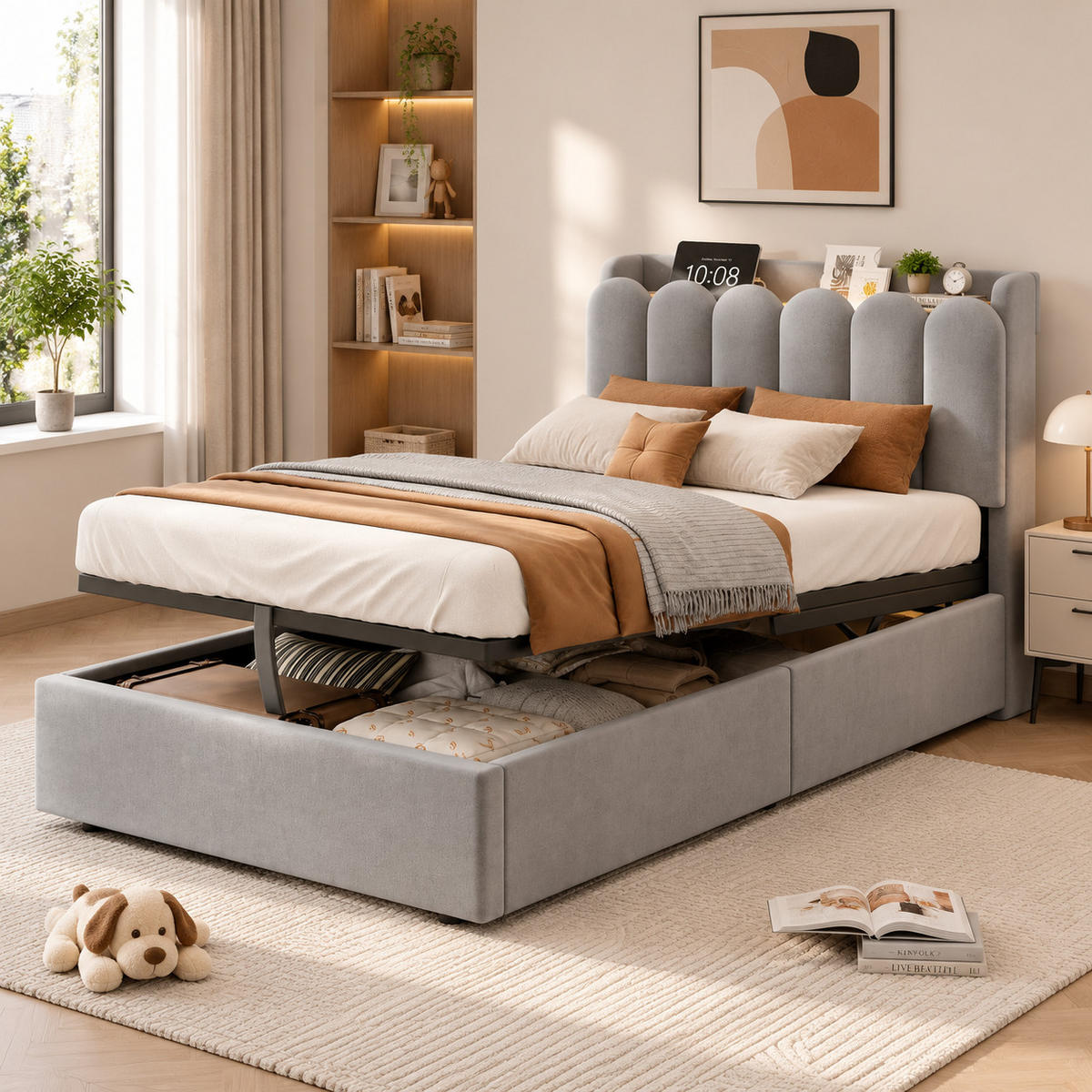 POLSTERBETT 90/200 cm in Grau mit Bettkasten, Kopfteil, USB-, Type-C-Ladestation und Leselampe aus Samt - Grau, Holzwerkstoff/Textil (90/200cm) - STILVORA