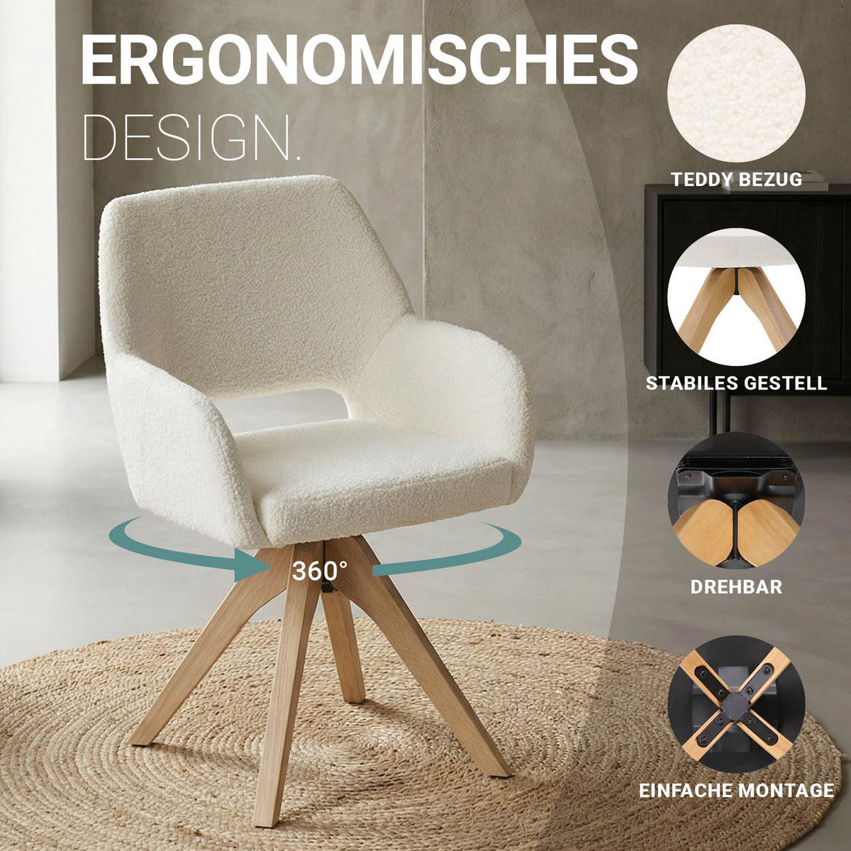 ARMLEHNENSTUHL in Weiß 6 Stück drehbar - Naturfarben/Weiß, Holz/Textil (57/82/53cm) - Homestyle4u