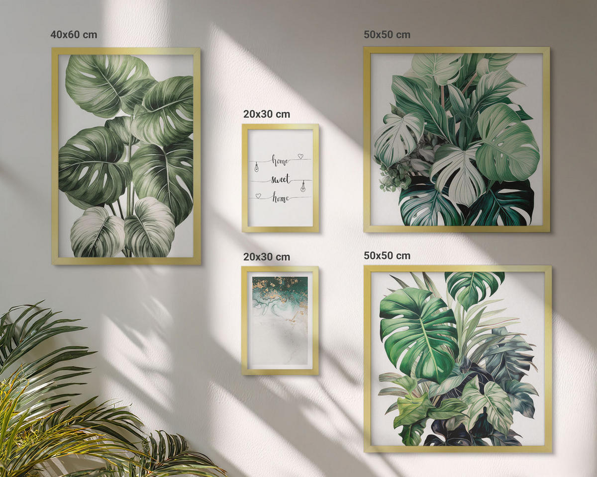 WANDBILDER 5er Set - 50x50 cm & 20x30 cm & 40x60 cm Goldrahmen - Aquarell-Monstera-Blätter - Goldfarben, Kunststoff (40/60cm) - ArtPrintCave