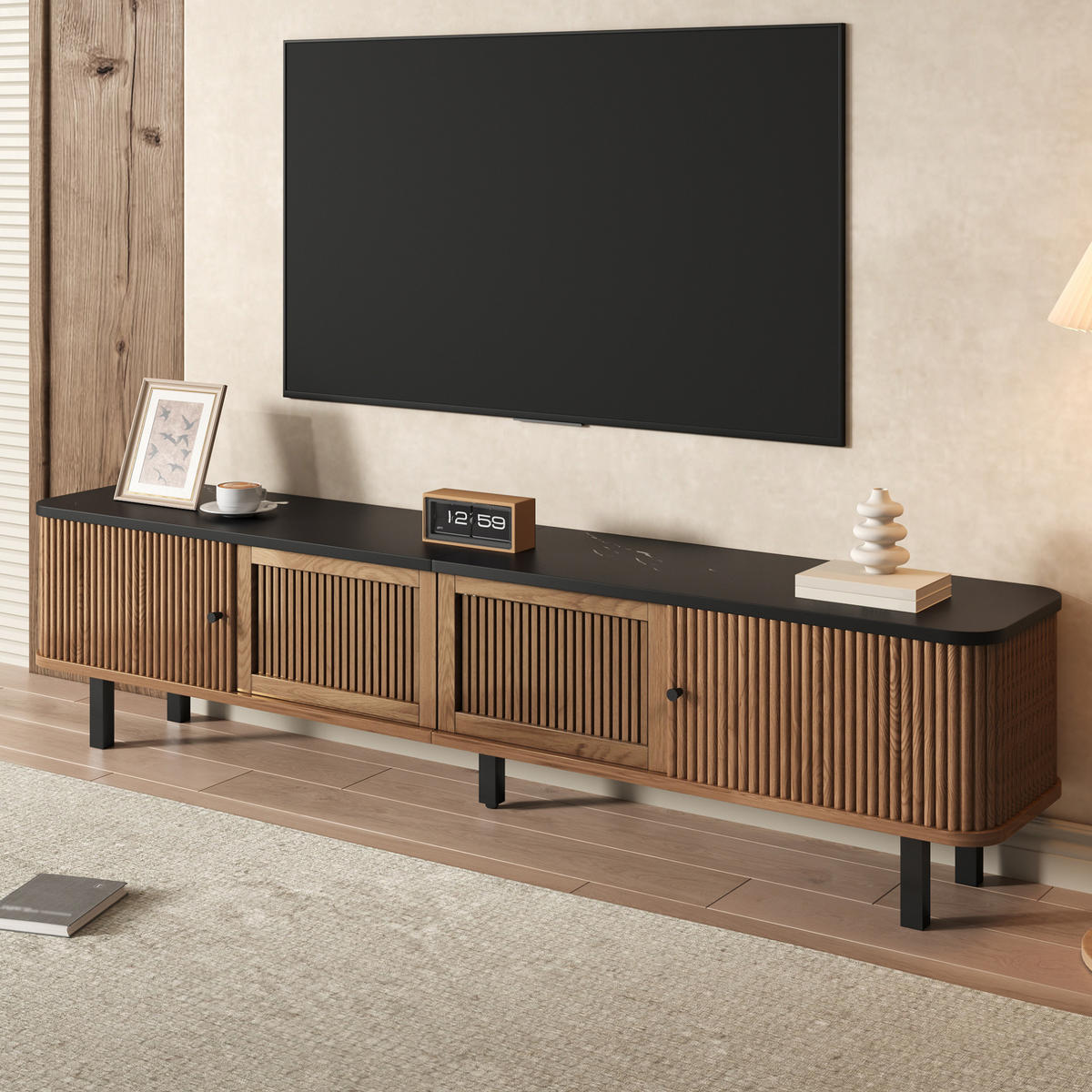 TV ormarić 190/35/45 cm boja hrasta od MDF-a i iverice s kliznim i rešetkastim vratima - smeđa, drvni materijal (190/45/35cm) - OKWISH