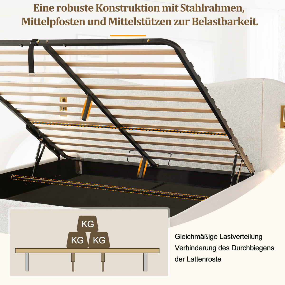 POLSTERBETT 180/200 cm in Weiß mit Bettkasten, LED und USB Bouclé - Weiß, Holzwerkstoff/Textil (180/200cm) - STILVORA