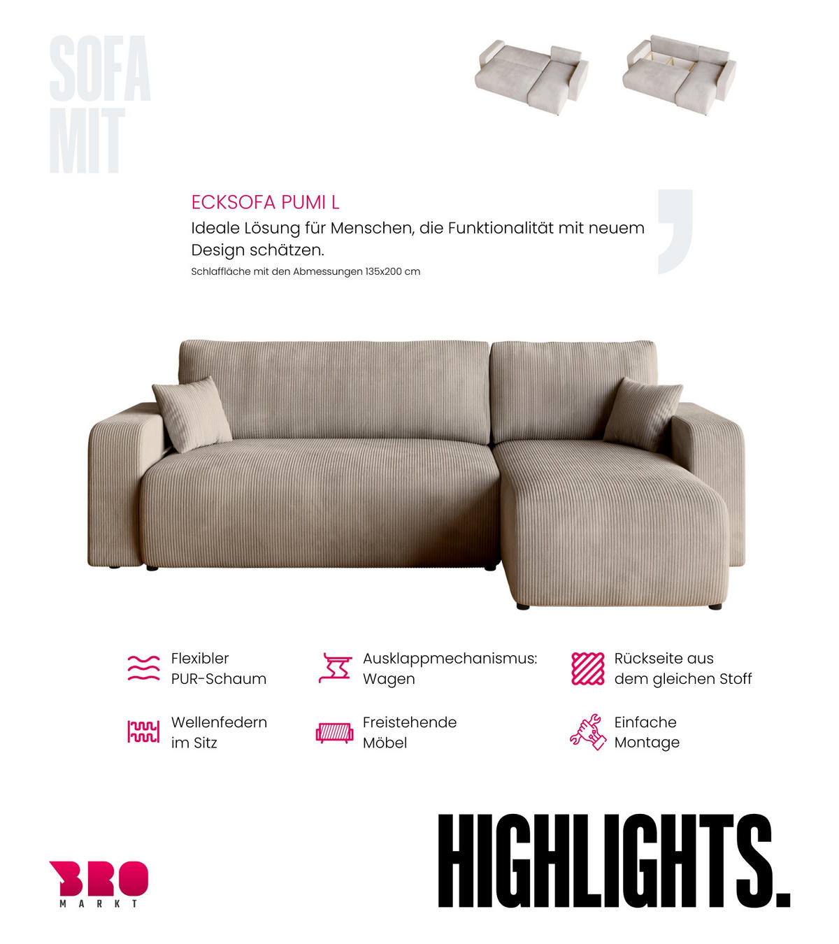 ECKSOFA PUMI mit Schlaffunktion Beige Cord - Beige, Textil (244/148cm) - Bromarkt