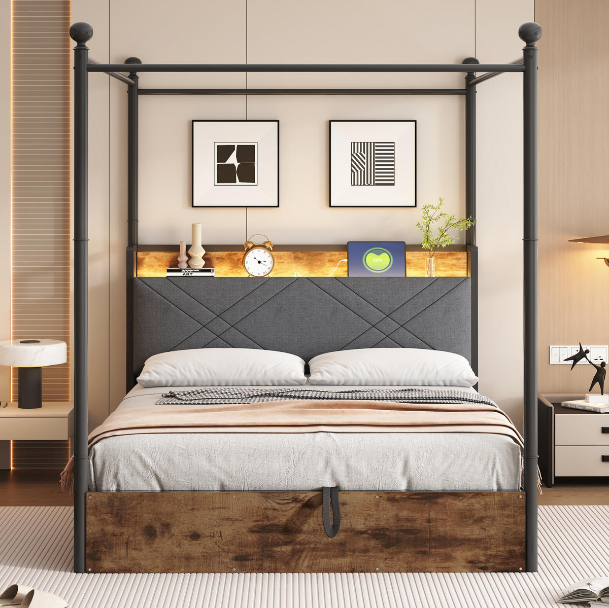 METALLBETT aus Metall 140x190 cm Schwarz mit LED, USB-/Type-C-Anschluss und hydraulischem Bettkasten - Schwarz, Metall (140/190cm) - Modfu