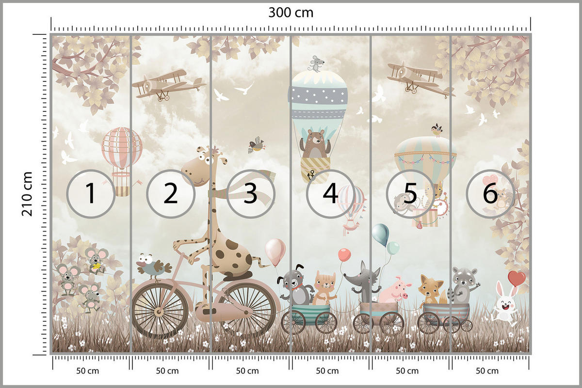 FOTOTAPETE Tiere auf Fahrrädern Luftballons Flugzeuge Pflanzen 300x210 - Blau/Beige, Papier (300/210cm) - Muralo