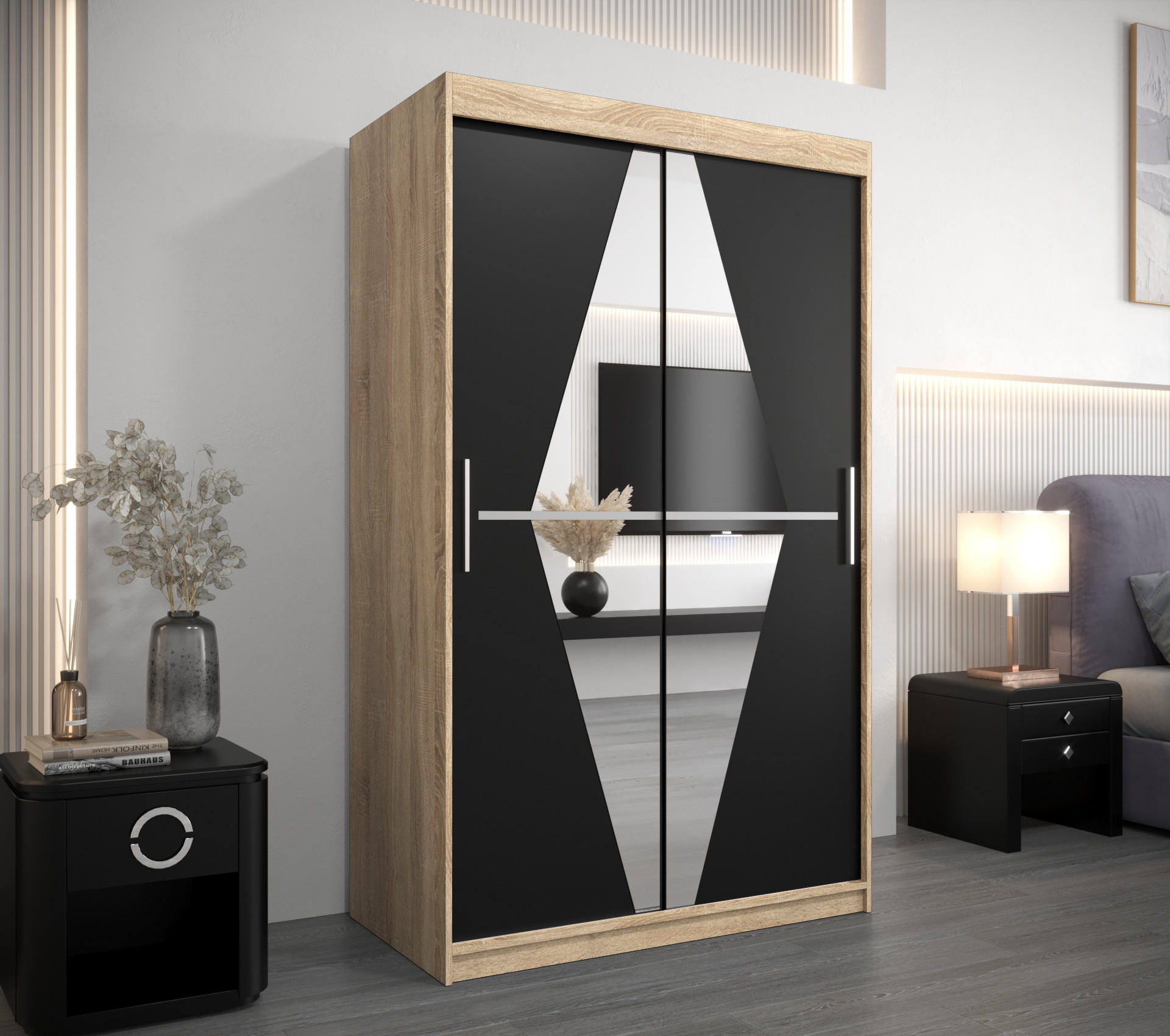 SCHWEBETÜRENSCHRANK 200/120/62 2-türig - Silberfarben/Schwarz, Holz/Kunststoff (120/200/62cm) - Abiks Möbel