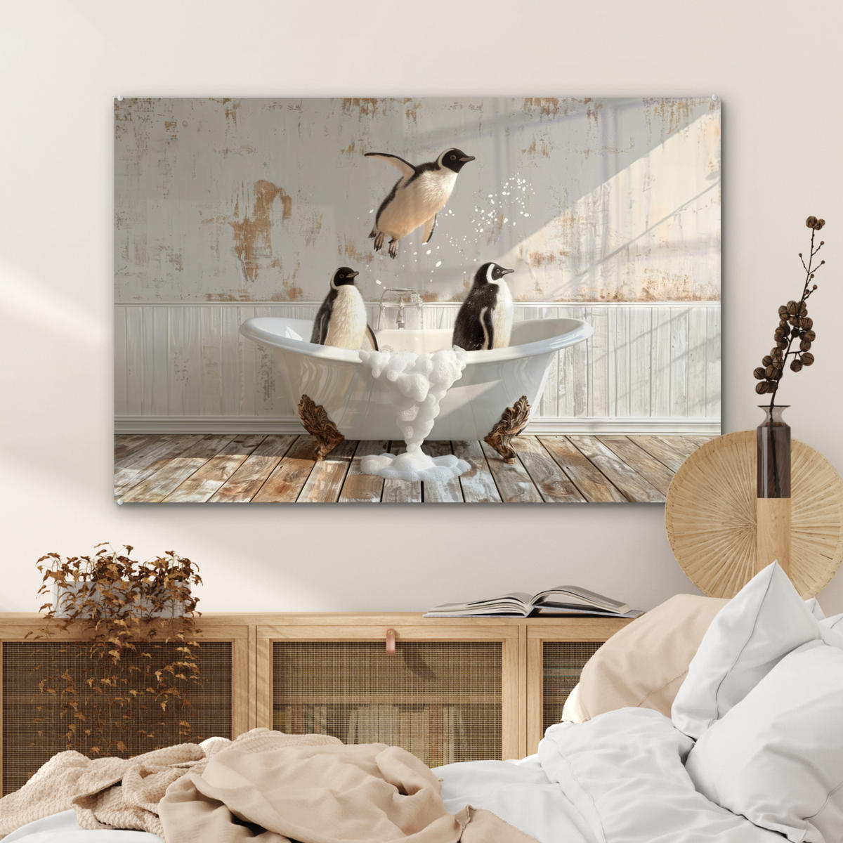 ACRYLGLASBILD Vintage - Pinguin - Badewanne - Schaumstoff 90x60 cm - Schwarz, Glas (90/60cm) - MuchoWow