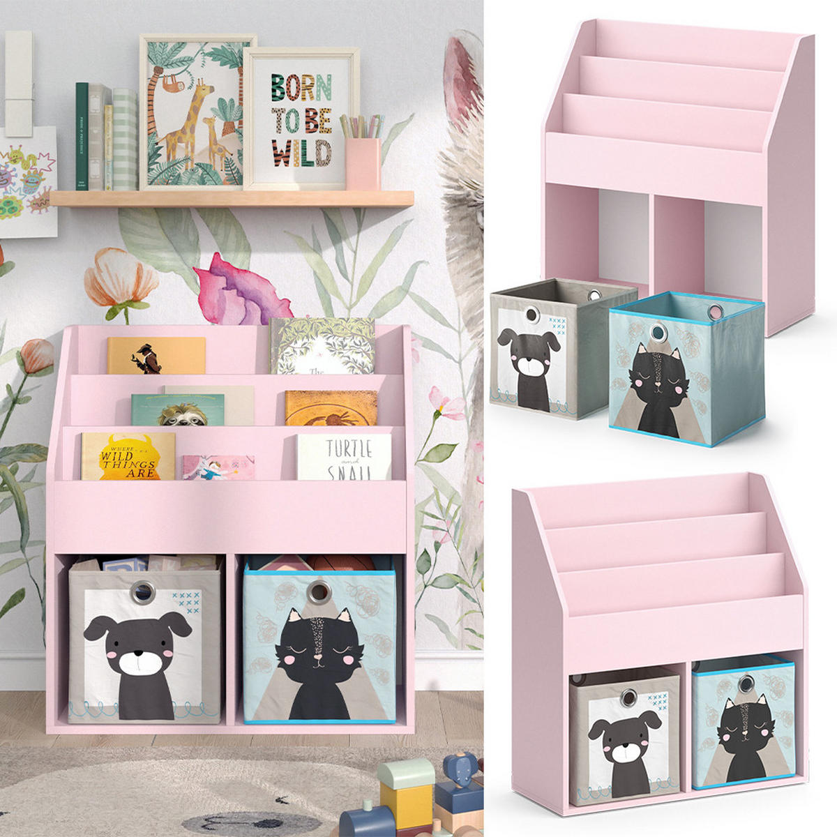 KINDERREGAL Luigi Rosa 72 x 79 cm mit 2 Faltboxen (Hund, Katze) - Pink, Holzwerkstoff (72/79/30.7cm) - Vicco