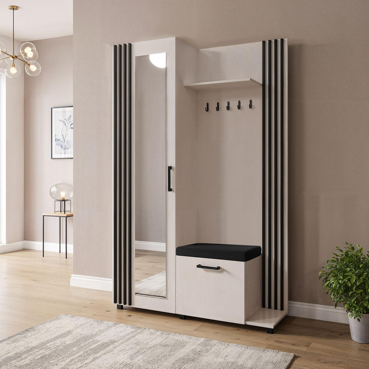 GARDEROBE Linaro mit Spiegel, Sitzbank in Lamellen-Optik 137/207/42 cm, Rechts - Kaschmir/Schwarz, Holzwerkstoff (137/207/42cm) - WFL GROUP