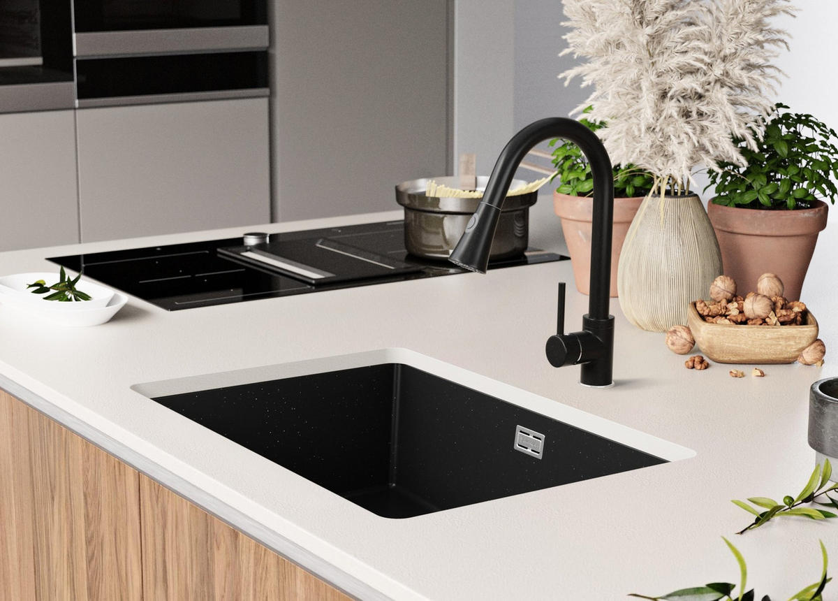 UNTERBAUSPÜLE GRANIT London, 2-er set Schwarz Metallic 66/47 cm 1 Becken + Ablauf-Set ab 70er Unterschrank - Chromfarben/Schwarz Hochglanz, Kunststoff (66/20/47cm) - Primagran