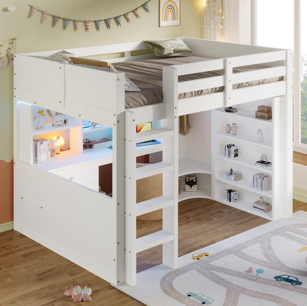 HOCHBETT 140/200 cm aus Kiefernholz mit LED-Beleuchtung, Schreibtisch und Kleiderschrank, Weiß - Weiß, Holzwerkstoff (140/200cm) - Redom