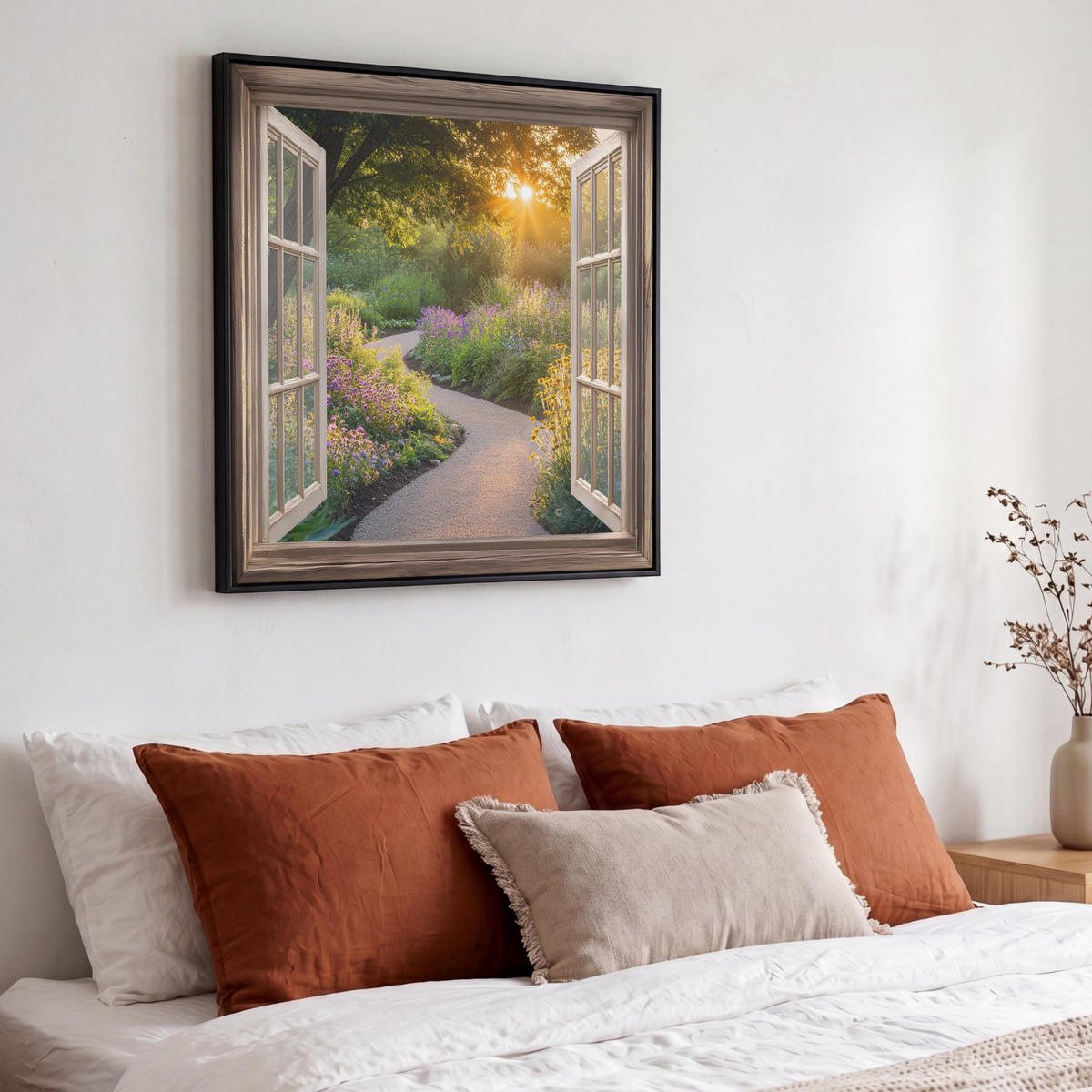 LEINWAND Bilder mit Rahmen - Aussicht - Blumen - Natur - Sonne - Weg - 50x50 - Hellgelb, Textil (50/50cm) - MuchoWow