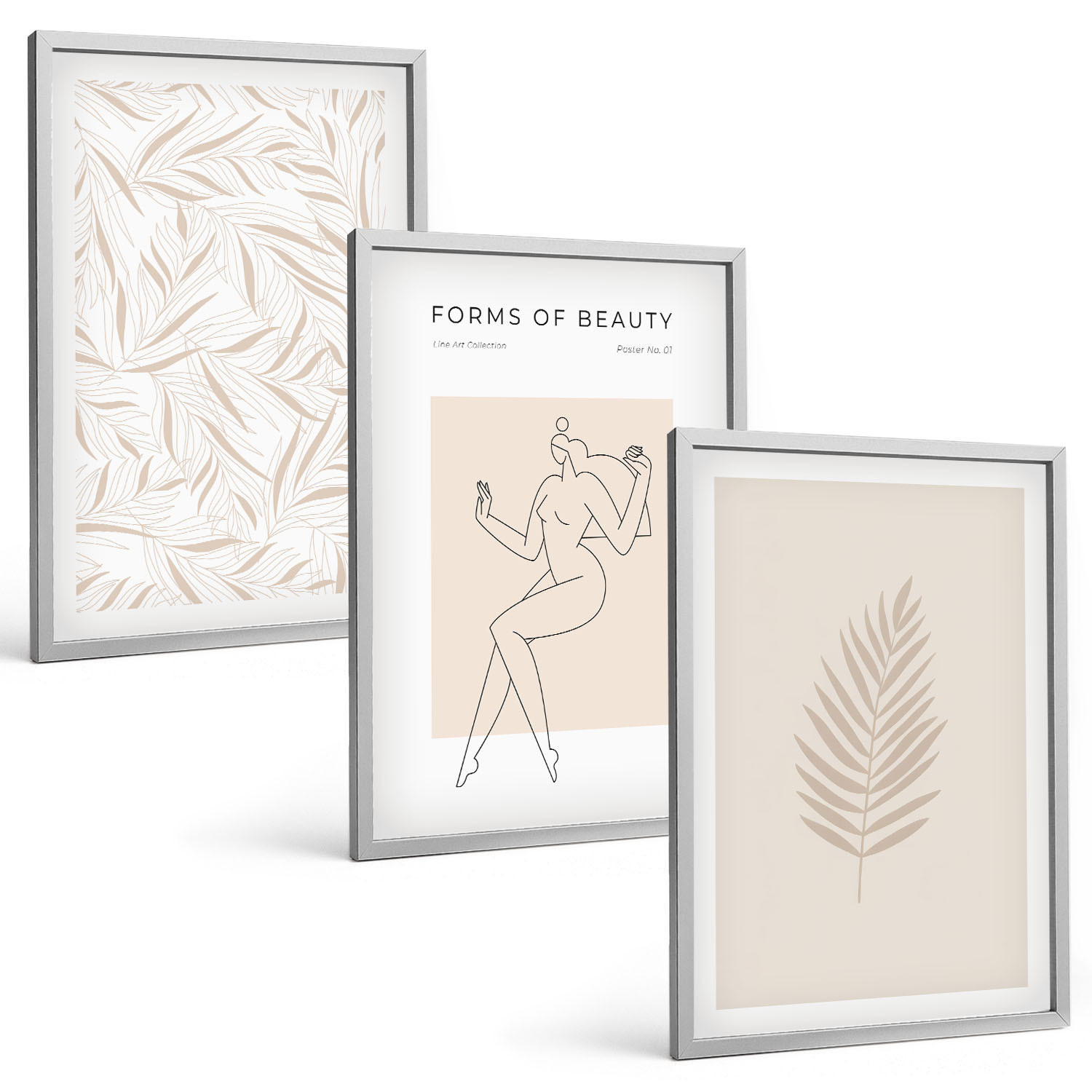 BILDER SET 3er Set - 40x60 cm Silberner Rahmen - Minimalistische botanische Motive - Silberfarben, Kunststoff (40/60cm) - TULUP