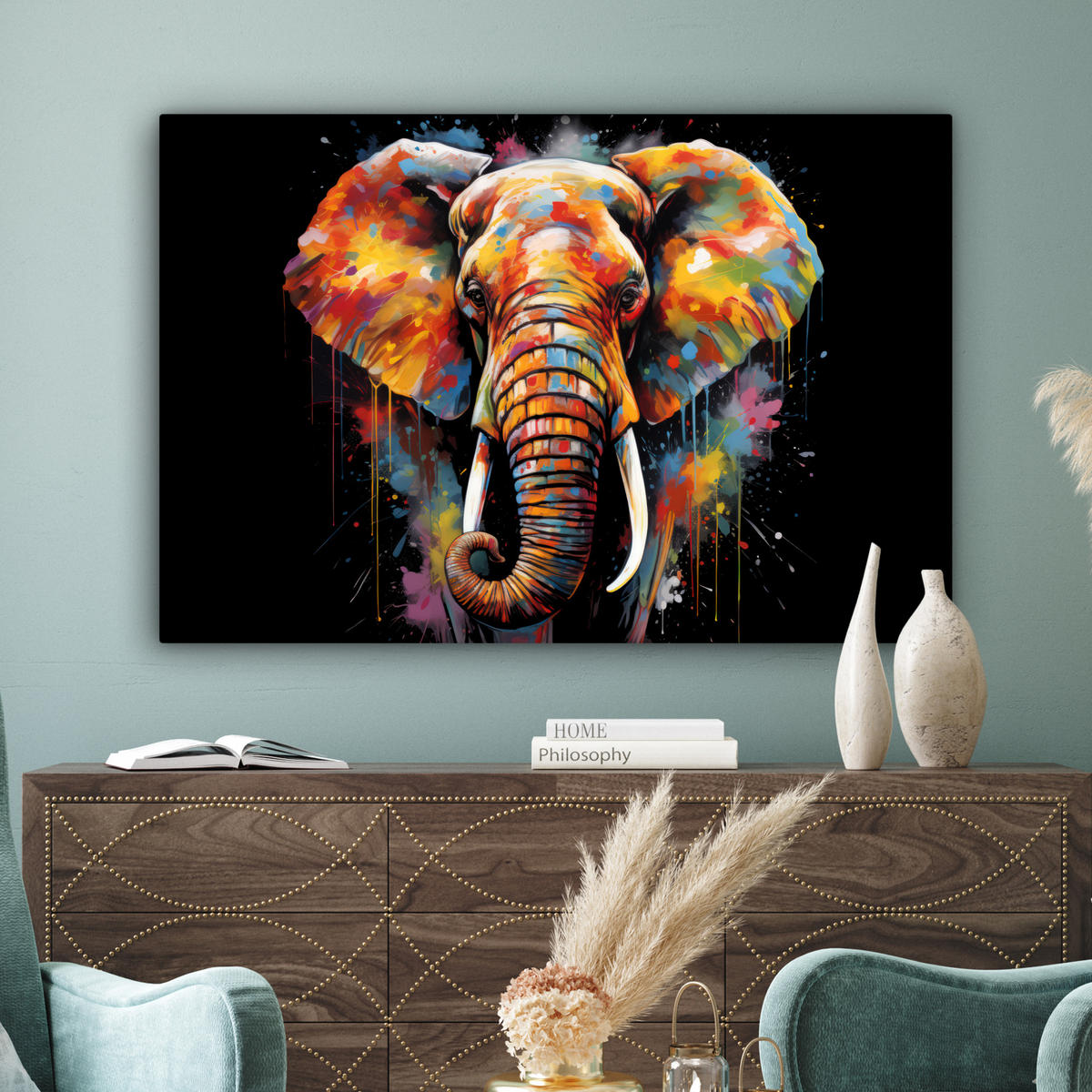 LEINWANDBILD Elefant - Graffiti - Schwarz - Tiere - Farben XXL 150x100 cm - Schwarz, Textil (150/100cm) - MuchoWow