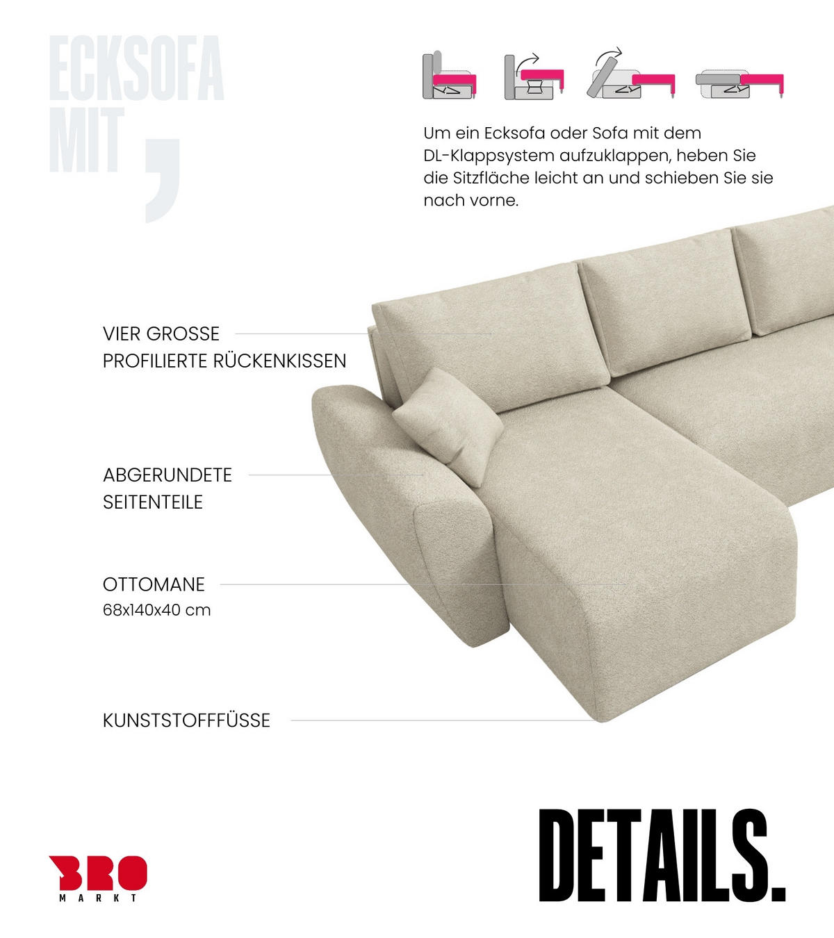 WOHLANDSCHAFT Rotterdam U mit Schlaffunktion Beige Bouclé - Beige, Textil (310/80/141cm) - Bromarkt