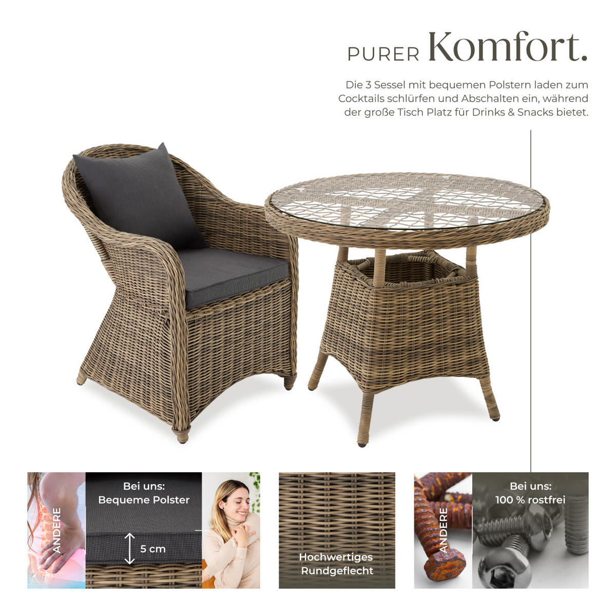 RATTAN SITZGRUPPE Zürich,Stühle vormontiert,natur - Naturfarben, Kunststoff - tectake