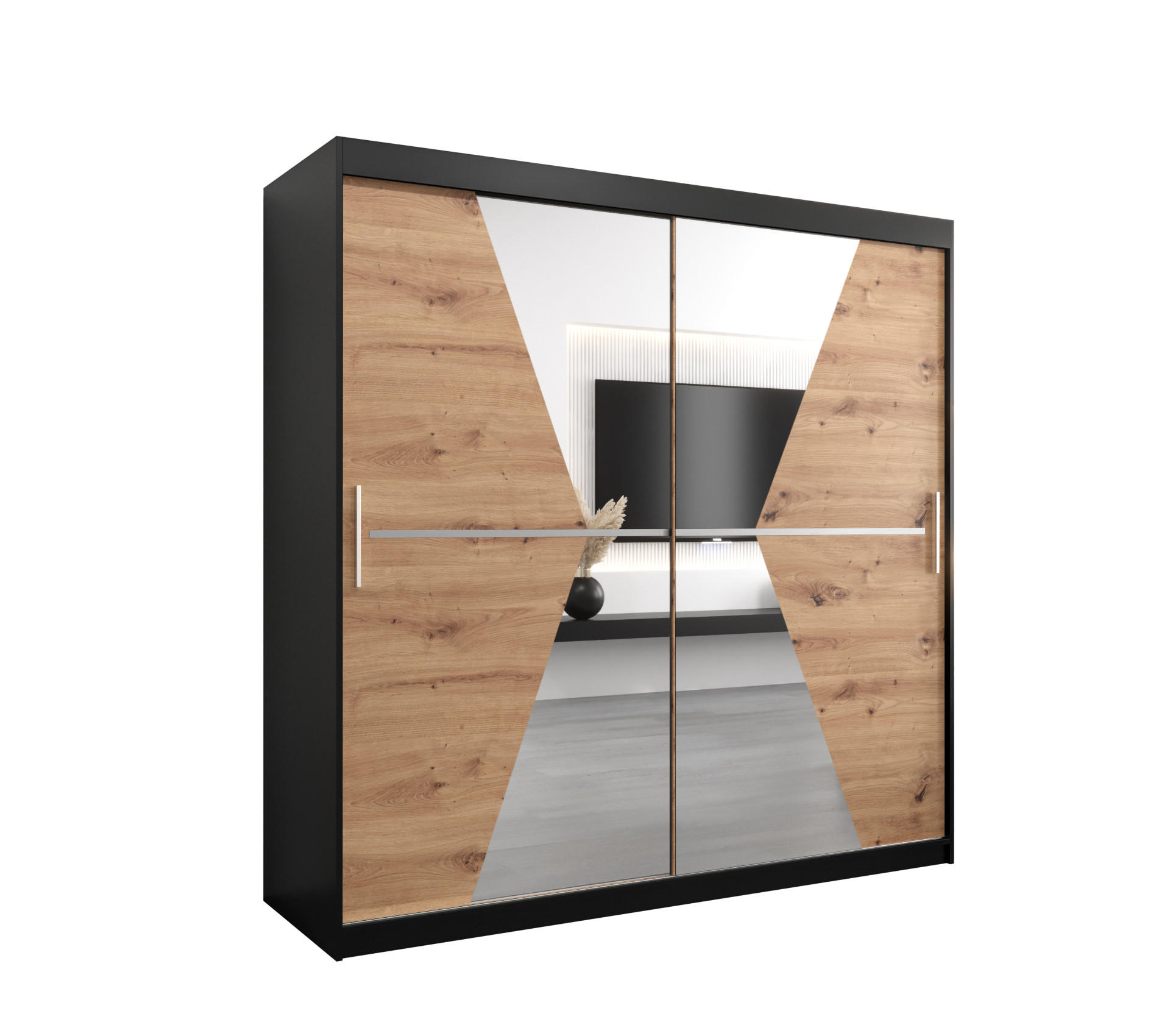 Abiks Möbel Schwebetürenschrank Schwarz, Eiche Artisan 200x200x62 cm