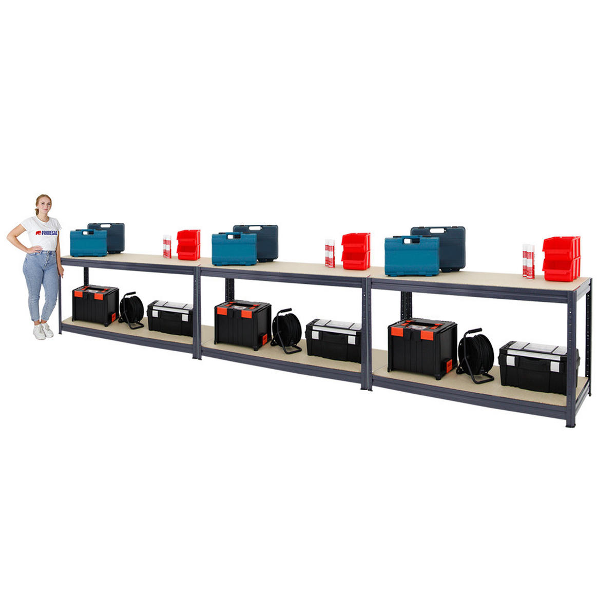 WERKBANK Dino 3er-Set höhenverstellbar 90x160x60cm Traglast 600kg Grau - Grau, Metall (480/90/60cm) - PROREGAL
