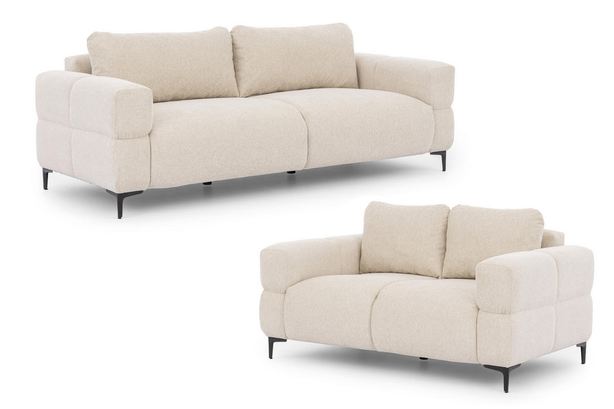 SITZGARNITUR 3+2 Cardea in Bubble-Optik aus weichem Hellbeige Strukturstoff mit hohem Sitzkomfort - Beige/Schwarz, Holz/Textil (217/80/97cm) - S-Style Möbel