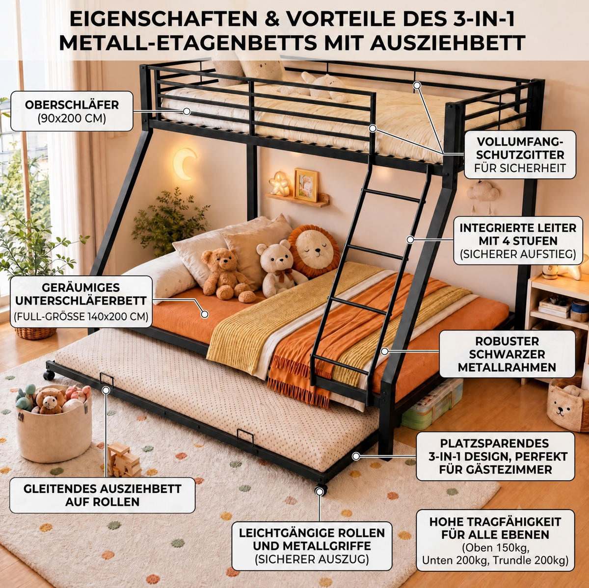 ETAGENBETT aus Metall 90/140x200 cm Schwarz mit Ausziehbett, hohe Belastbarkeit und 3 Schlafplätze - Schwarz, Metall (140/200cm) - Modfu
