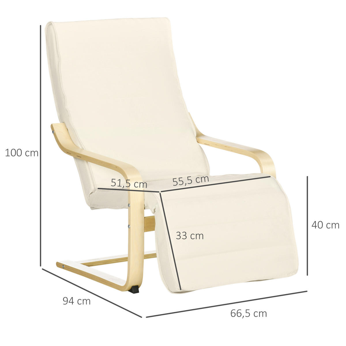 RELAXSESSEL 66.5/100/94 cm Cremeweiß aus Polyester mit 5-fach verstellbarer Beinstütze - Creme, Textil (94/100/66.5cm) - OKMYHOME