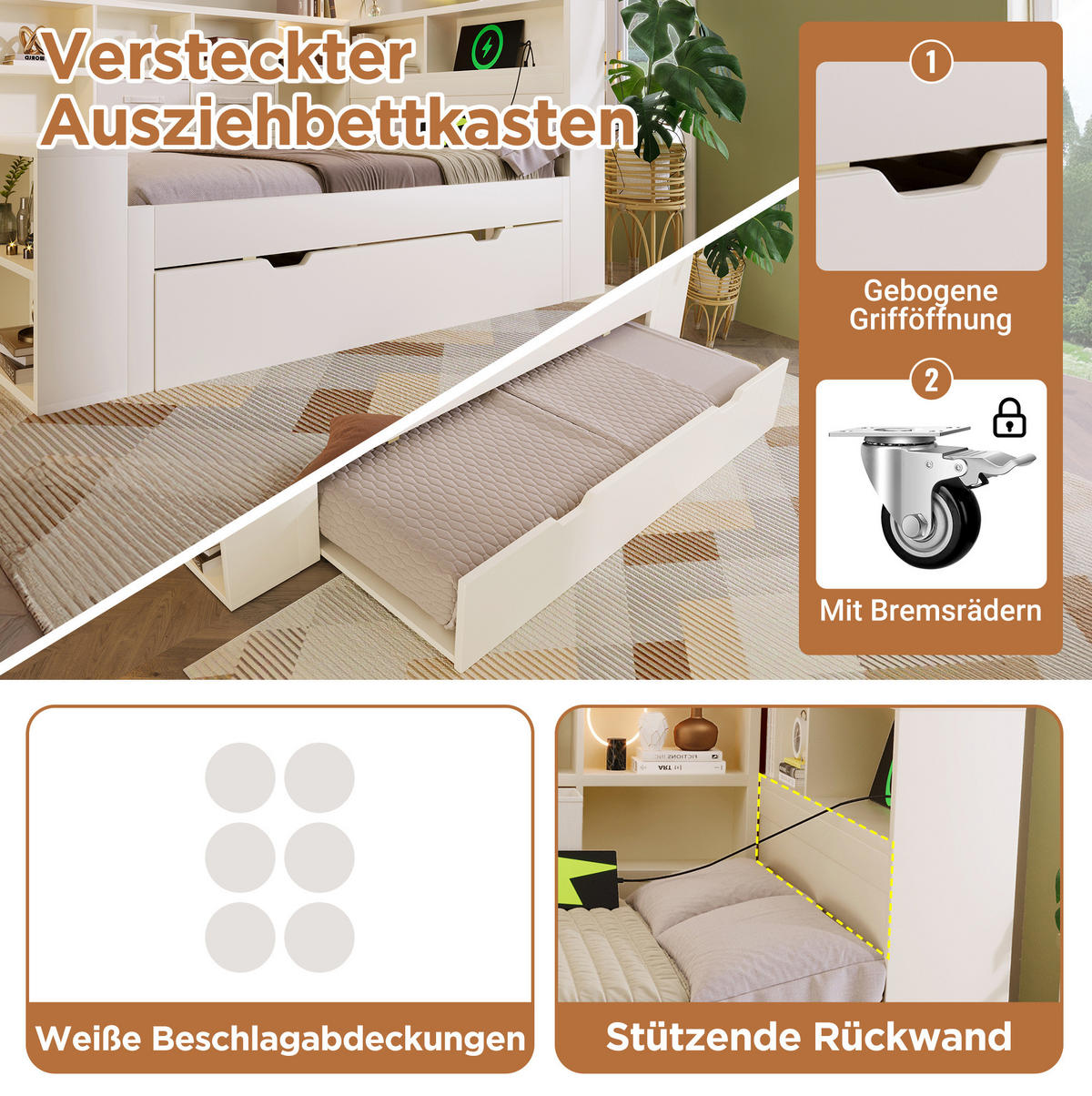 STAURAUMBETT aus Kiefernholz und Spanplatte 140x200 cm Weiß mit Ausziehbett, 8 Staufächern und USB-/Type-C-Anschlüssen - Weiß, Holz (140/200cm) - IVMEU