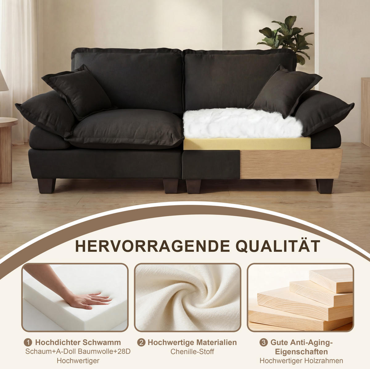 ECKSOFA 194/151/90 cm schwarz aus Chenille mit Ottomane und 2 Kissen - Schwarz, Textil (151/194cm) - OKWISH