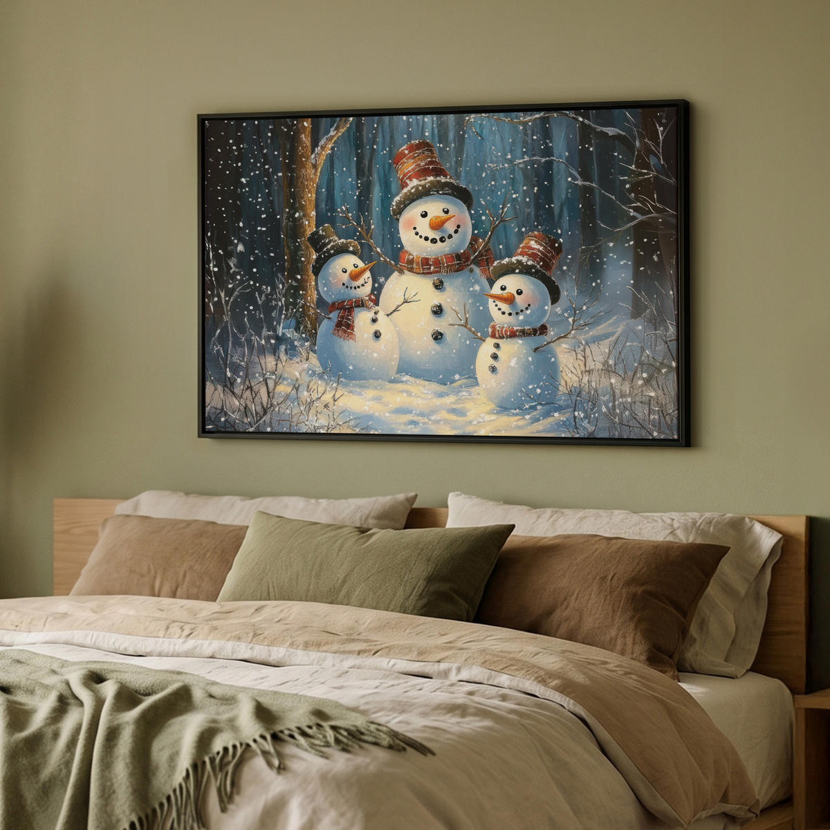 LEINWAND Bilder mit Rahmen - Schneemann - Schnee - Winter - Wald - 90x60 - Hellblau, Textil (90/60cm) - MuchoWow