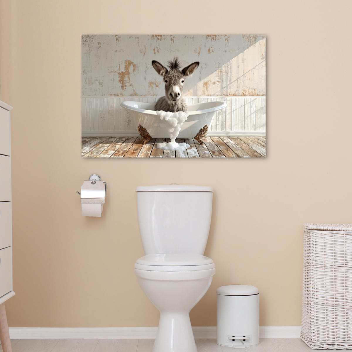 LEINWANDBILD Esel - Tiere - Badewanne - Schaumstoff Wanddeko 90x60 cm - Weiß, Textil (90/60cm) - MuchoWow