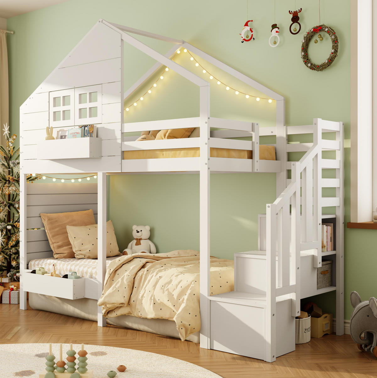 ETAGENBETT 90/200 cm in Weiß aus Kiefer massiv mit Stauraumtreppe - Weiß, Holzwerkstoff (90/200cm) - OKMYHOME