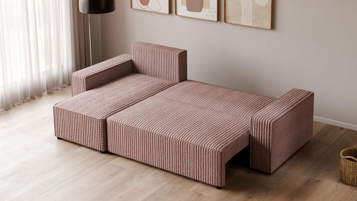 ECKSOFA Tobi mit Bettkasten und Schlaffunktion, L-Form, Cordstoff, Universal - Roségold, Holzwerkstoff (246/145cm) - 4ALL HOME