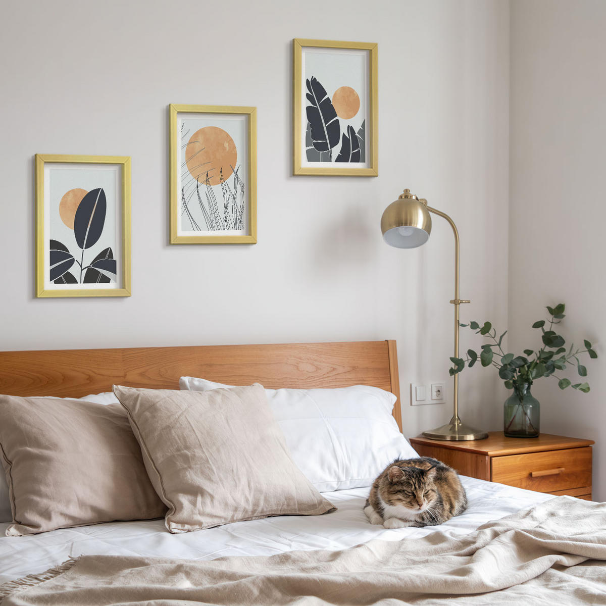 WANDBILDER 3er Set - 20x30 cm Goldrahmen - Pflanzenmuster große Sonnen minimalistisch - Goldfarben, Kunststoff (20/30cm) - ArtPrintCave
