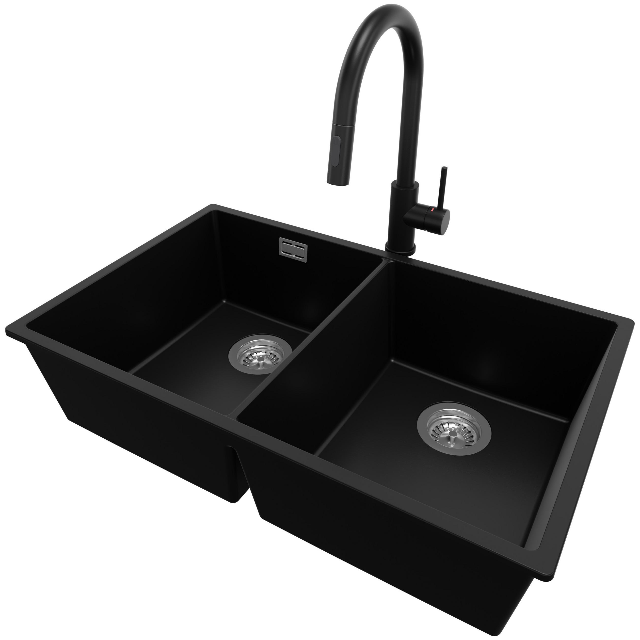 GRANITSPÜLE London Slim Twin, 2-er set Schwarz 76/47 cm 2 Becken + Küchenarmatur 40/20 cm + Ablauf-Set ab 80er Unterschrank - Chromfarben/Schwarz, Kunststoff (76/20/47cm) - Primagran