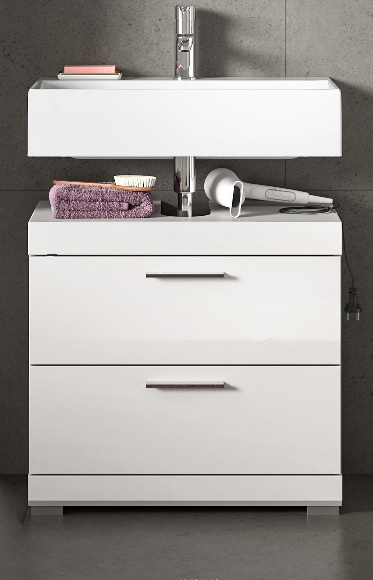 WASCHBECKENUNTERSCHRANK weiß Hochglanz 60 cm mit Schubkästen - Weiß Hochglanz/Silberfarben, Holzwerkstoff/Kunststoff (60/56/37cm) - Inn.Furn