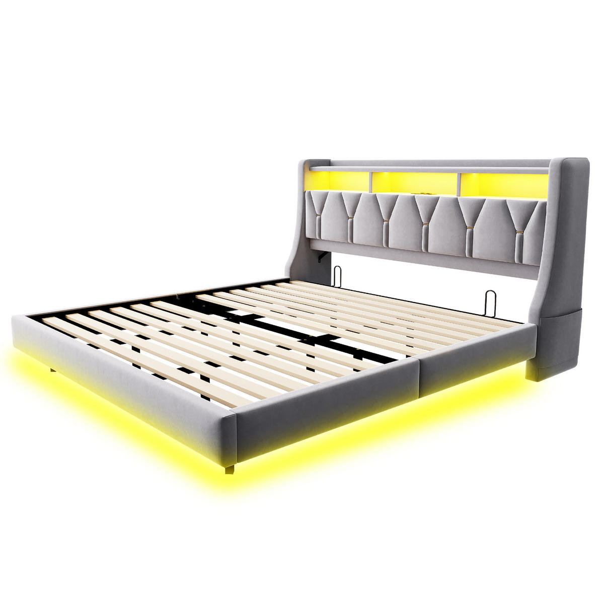 ČALOUNĚNÁ postel 180/200 cm světle šedá z sametu s LED osvětlením a úložným čelem - šedá, textil (180/200cm) - OKWISH