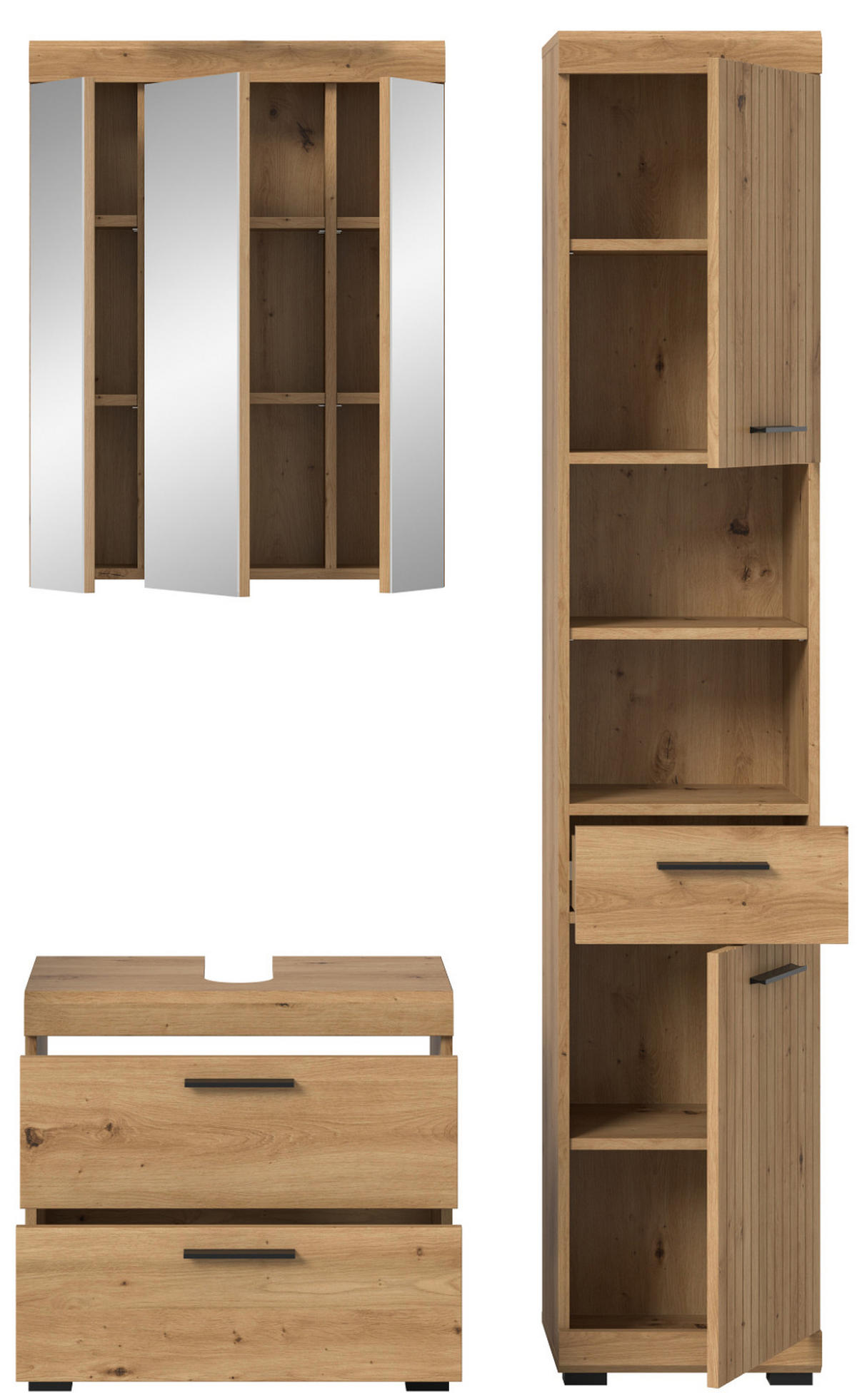 BADMÖBEL-SET Eiche Artisan 3-teilig 112 x 191 cm, Badkombination in modernem Design - Schwarz/Eiche Artisan, Glas/Holzwerkstoff (112/191/34cm) - Inn.Furn