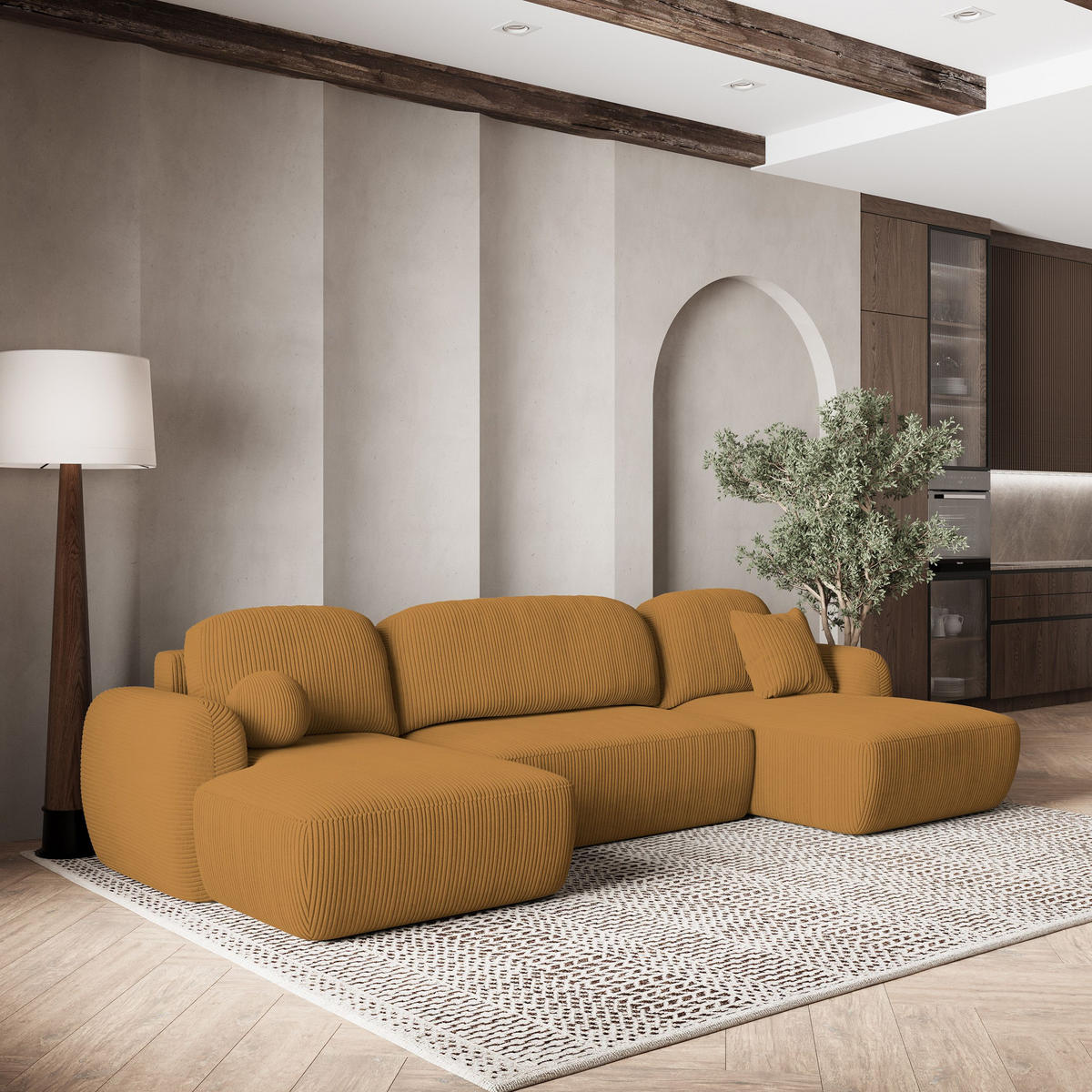 WOHNLANDSCHAFT SAVONA P Gelb Kordstoff mit Schlaffunktion - Gelb, Holz (350/90/148cm) - MASSENO