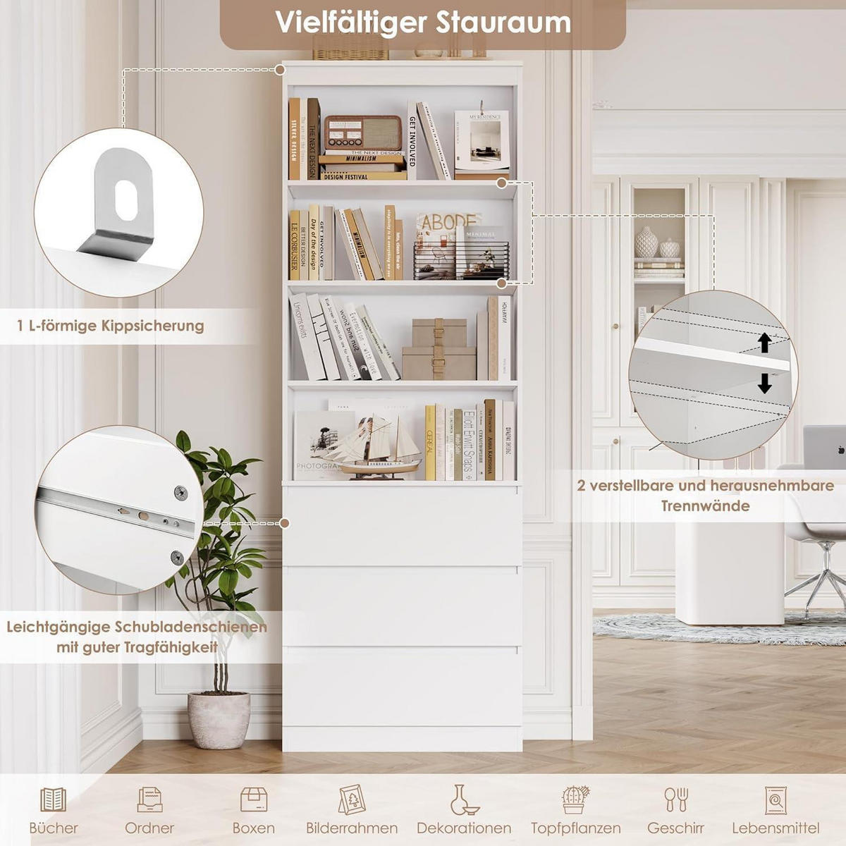 BÜCHERREGAL mit 3 Schubladen weiß 202 x 60 x 35 cm - Weiß, Holzwerkstoff (60/202/35cm)