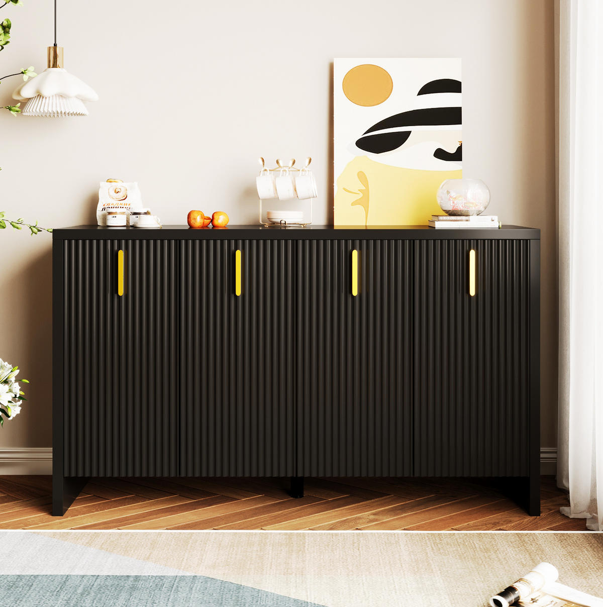 SIDEBOARD mit 4 Türen und verstellbaren Einlegeböden, 140/38/80 cm, Schwarz mit goldenen Griffen - Schwarz, Holzwerkstoff (140/38/80cm) - Redom
