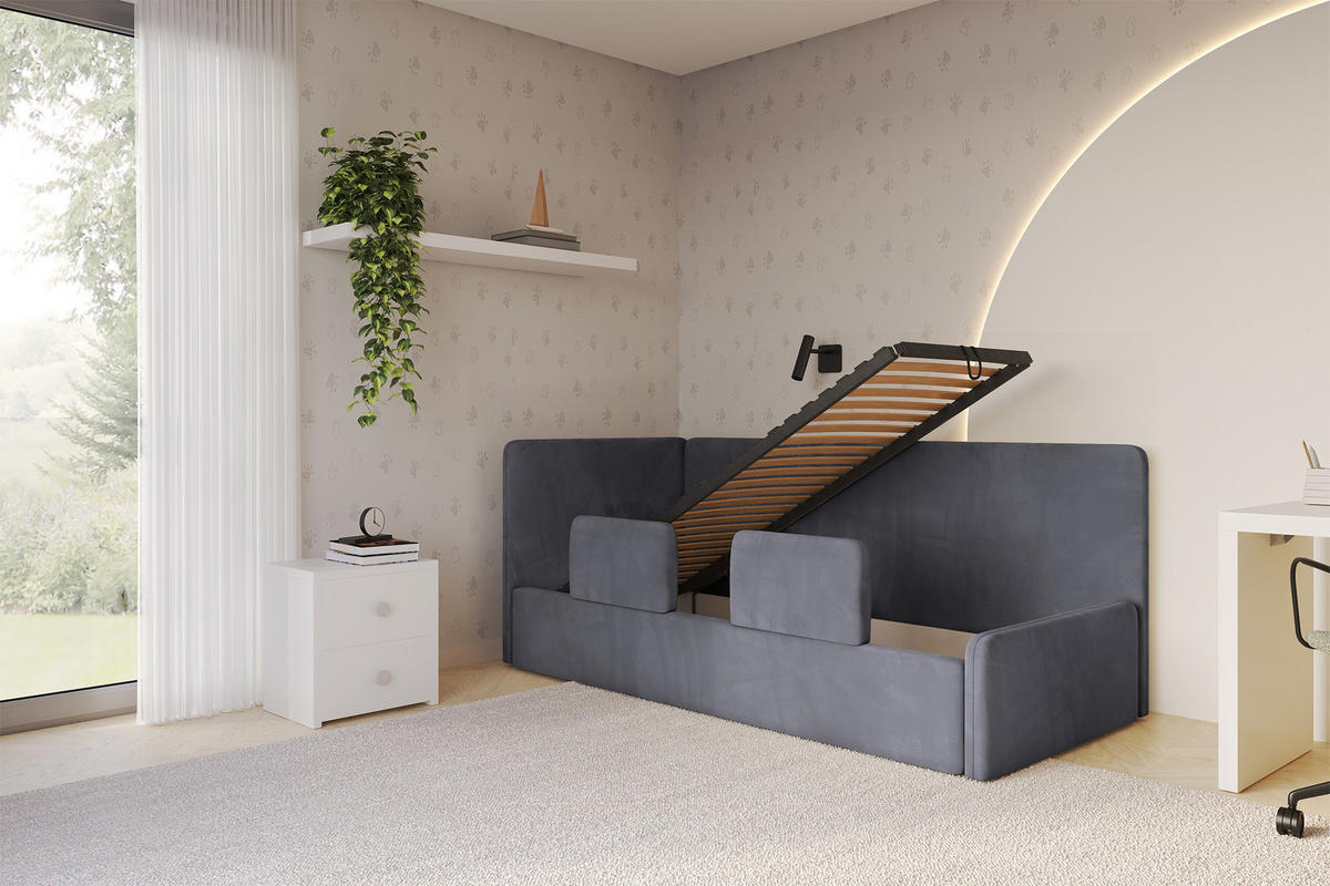 EINZELLBETT Jugendbett mit Bettkasten, Rechts - NORY 100x200 Dunkelgrau - Titanfarben, Holzwerkstoff/Textil (100/200cm) - ALTDECOR