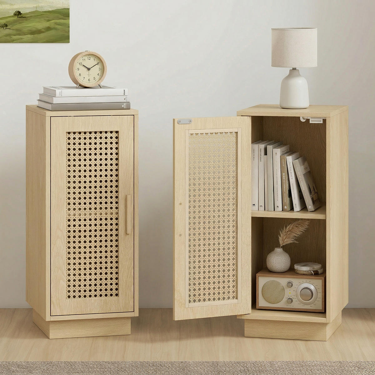 NACHTSCHRANK DE-12977 verstellbares Regal und geflochtene Tür Naturholz - Naturfarben, Holzwerkstoff (25/60/30cm) - ComfortXL