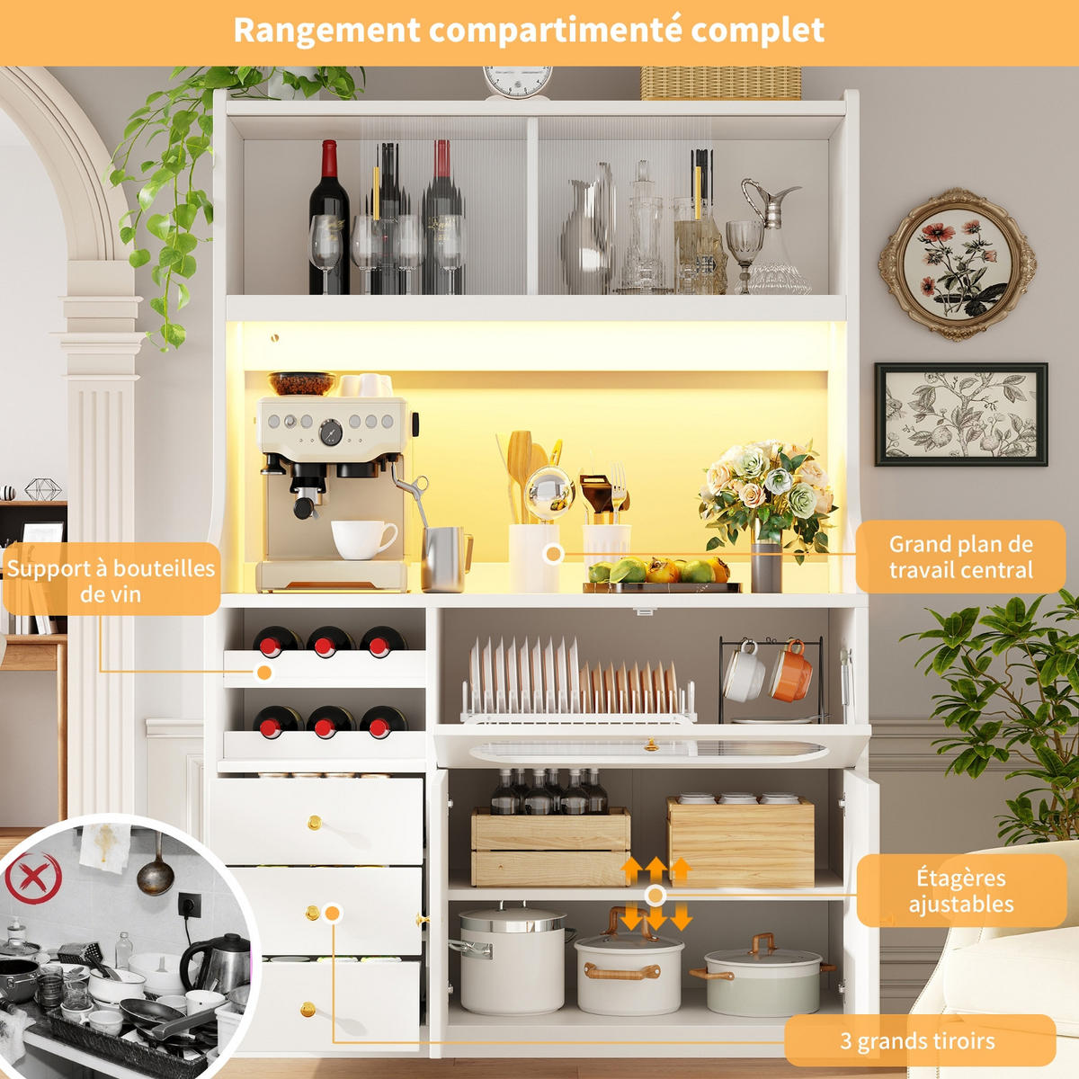 KÜCHENSCHRANK120/180/40 cm, MDF, Weiß, MIT RGB-LED BELEUCHTUNG, Glasschiebetüren und Weinregal, für Küche und Esszimmer - Weiß, Holzwerkstoff (40/180/120cm) - Rolipo