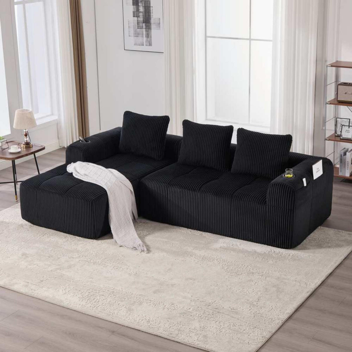 ECKSOFA mit Seitentasche und Getränkehalter, inkl. Kissen, Schwarz - Schwarz, Textil (253/61/158cm) - Kaket