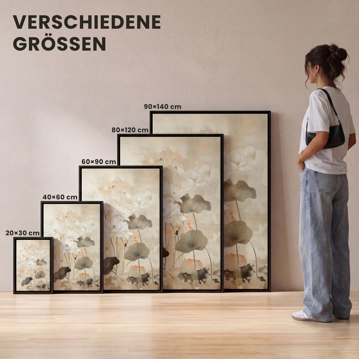 LEINWAND Bilder mit Rahmen - Blumen - Japandi - Wabi sabi - 20x30 - Sandfarben, Textil (20/30cm) - MuchoWow