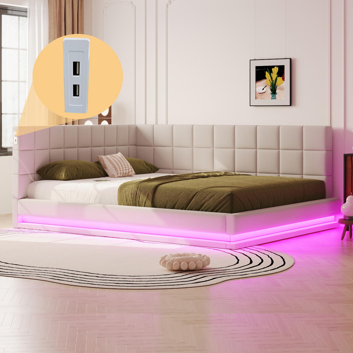 POLSTERBETT 160/200 cm mit LED-Beleuchtung und USB-Anschluss aus Leinen Beige - Beige, Textil (160/200cm) - OKWISH