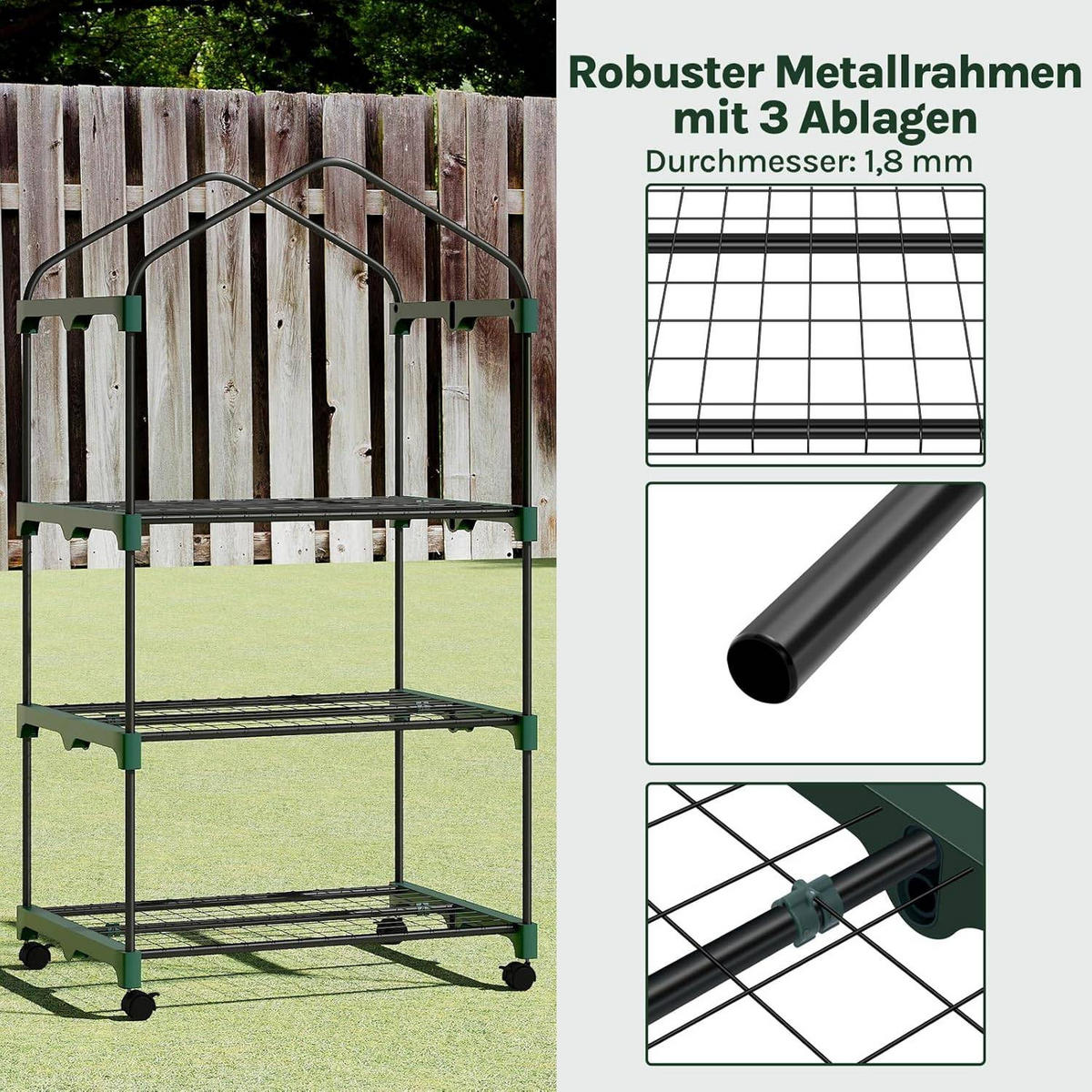 GEWÄCHSHAUS mit Rollen, Foliengewächshaus mit 3 Regalen - Grün, Textil/Metall (70/131/50cm) - Woltu